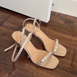 Jewel Badgley Mischka Beige Rhinestone Heels